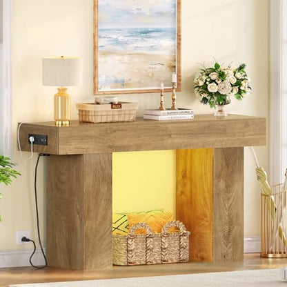 47.2" Entryway Table, Console Table with Charging Station and Adjustable LED light, Farmhouse Wood Sofa Table, Behind the Couch Table, Narrow Console Table, Entry Table for Hallway, Living Room - color: Natural, size: 47.2 IN