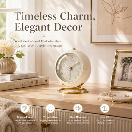 AYRELY® Battery Operated Analog Desk Alarm Clock with Light, Table Clock | Retro Aesthetic Clock with Silent Non-Ticking Movement for Bedside, Bedroom, Kitchen, Office, Travel & Kids' Room (Cream) - color: Cream
