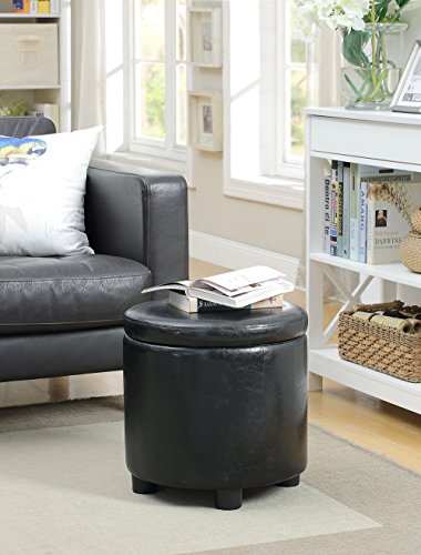 Designs4Comfort Round Accent Storage Ottoman in Black Faux Leather Fabric - color: Black