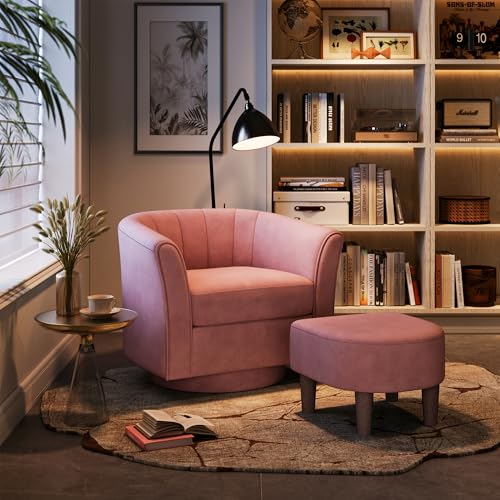 LINSY Large Swivel Accent Chair with Ottoman, Velvet Barrel Chair with Footrest, Modern Upholstered Comfy Reading Chair Armchair for Living Room, Bedroom, Study Room, Office, Pink - color: Pink, size: Large