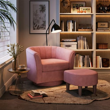 LINSY Large Swivel Accent Chair with Ottoman, Velvet Barrel Chair with Footrest, Modern Upholstered Comfy Reading Chair Armchair for Living Room, Bedroom, Study Room, Office, Pink - color: Pink, size: Large