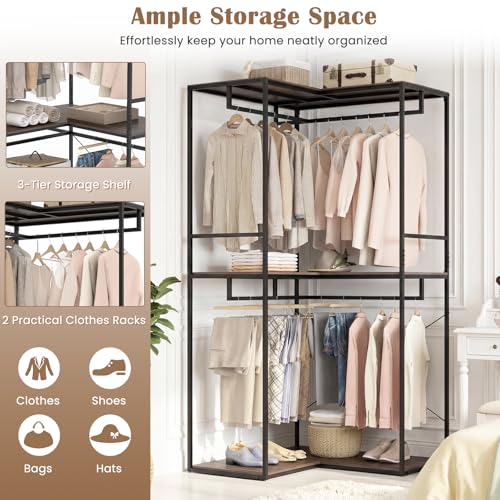 GIANTEX Heavy Duty Clothes Rack, 3-Tier L-Shaped Garment Rack w/3 Open Shelves & 2 Hanging Racks, Anti-Tippling Devices, Industrial Freestanding Closet Organizer for Bedroom, Living Room & Laundry