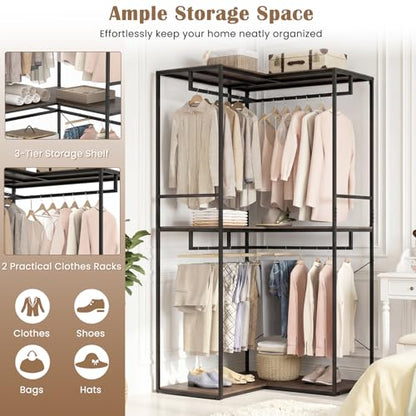 GIANTEX Heavy Duty Clothes Rack, 3-Tier L-Shaped Garment Rack w/3 Open Shelves & 2 Hanging Racks, Anti-Tippling Devices, Industrial Freestanding Closet Organizer for Bedroom, Living Room & Laundry