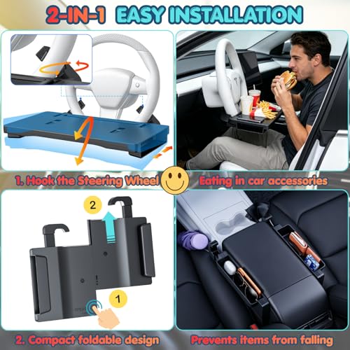 2-in-1 Car Steering Wheel Desk & Seat Gap Organizer Filler Tray | Foldable Adjustable Height Car Desk for Laptop Computer Tablet, Eating - Portable Table for Car Workstation Truck SUV Tesla