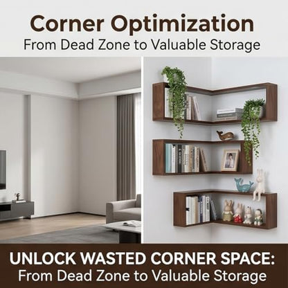 Floating Corner Shelves Set of Three Wall Mounted Wood Storage Display Rack Space Saving Organizer for Bedroom Living Room Kitchen(Includes LEDs) (2)
