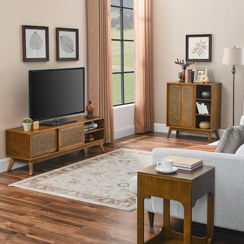 Mid Century Modern Small Rattan Sideboard Buffet Storage Cabinet | Real Wood Veneer Mid Century Storage Cabinet with Rattan Sliding Doors,Boho Bar Cabinet,Small Sideboard Buffet,Light Walnut - color: Light Walnut
