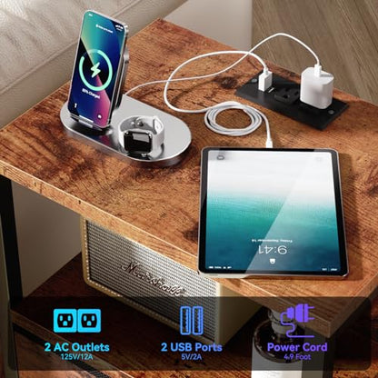 Night Stand Set 2 with Charging Station, LED Light, 2 Drawers, Rustic Brown | Night Stand Set 2 with USB & Outlets, Side Table with Storage, Industrial End Table, for Living Room/Bedroom, Dorm - color: Rustic Brown