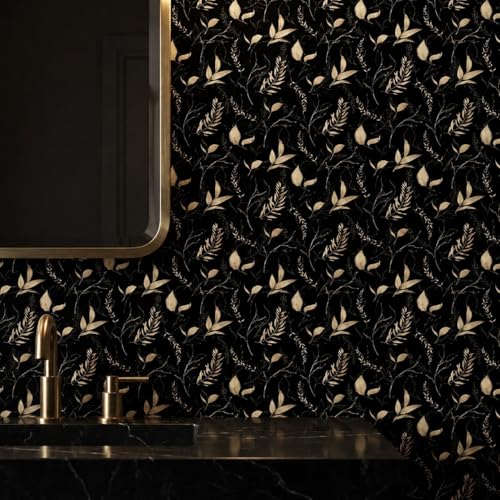 Dark Black and Gold Leaf Peel and Stick Wallpaper 17.7" x 70.8" | Self-adhesive removable waterproof leaf design for bedroom accent walls and renter friendly spaces - color: Black&Gold, size: 17.7" x 70.8"