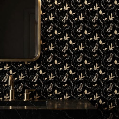 Dark Black and Gold Leaf Peel and Stick Wallpaper 17.7" x 70.8" | Self-adhesive removable waterproof leaf design for bedroom accent walls and renter friendly spaces - color: Black&Gold, size: 17.7" x 70.8"