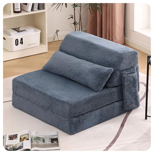 Convertible Folding Sofa Bed Single Size for Adults with Pillow, Plush Fabric Floor Mattress Couch Bed, Washable Cover & Side Pocket, Guest Room, Dorm, Apartment, Living Room, Blue Gray - color: Plush Blue Gray, size: Single Size