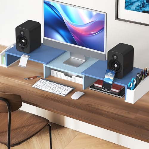 Simple Houseware Desk Dual Monitor Stand Riser with Drawer, Blue | Customizable Organizer Tray, Built-In Phone & Tablet Slot and Side Storage - color: Blue