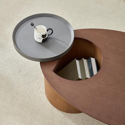 47.24" Modern Coffee Table with Storage Space, Round Low End Table, Rustic Style Bedside Table for Bedroom Living Room - color: Oval+tray-walnut