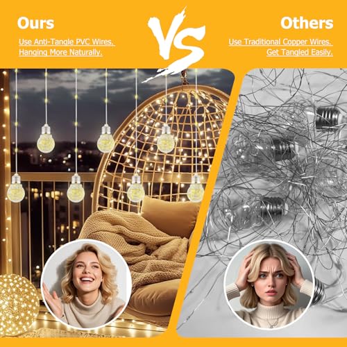 Wishing Ball Curtain Lights LED Window Hanging Lights with Remote, USB Powered Twinkle Globe Fairy String Lights for Wedding Party Bedroom Christmas Indoor Outdoor Decoration (Warm White)