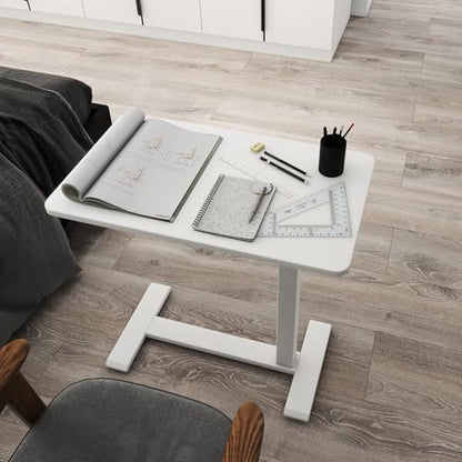 PUNCIA 27" Laptop Table with Hidden Wheels Pneumatic Standing Desk, White | Pneumatic Rolling Computer Cart Height Adjustable Beside Table Laptop Desk for Hospital Home Office Bedroom Couch