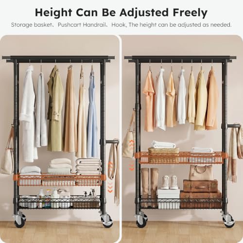 SOLEDI Heavy-Duty Clothes Rack, 1000 LBS clothing rack with wheels Load Capacity Double Rod Clothing Rack with Shelves & Lockable Wheels, Suitable for Bedroom, Entryway, Living Room & Garage (black) - color: Black