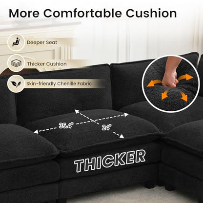 ROWHY Oversized Modular Sectional Couch with Movable Ottoman, 112" Modern Convertible L Shaped Sofa Set, 4 Seat Comfy Cloud Couch with 2 Throw Pillows, for Living Room and Office, Chenille, Black - color: Chenille Black, size: 4 Seats L-Shaped