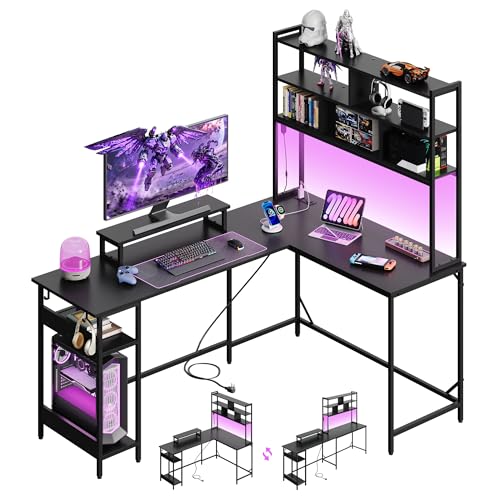 DEVAISE 66 Inch L Shaped Gaming Desk with Drawers and Storage, Corner Desk with LED Lights, Power Outlets, Computer Desk with Monitor Stand, Office Desk for Home, with Hutch, Black - color: Black, size: 66 Inch with Hutch