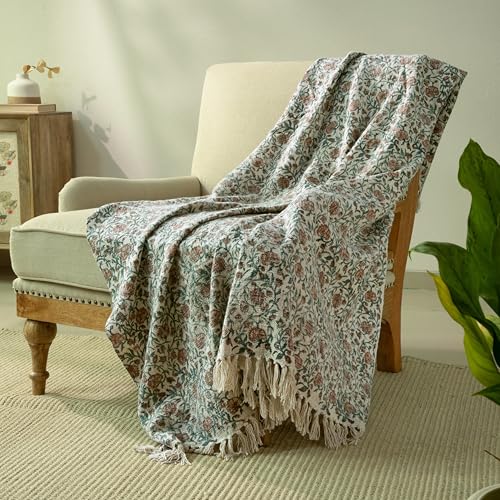 100% Pure Cotton Handblock Printed Throw Blanket, Soft 50" x 60" Fringed Floral Print Throw for Couch, Sofa, Chair, Bed - Cozy, Machine Washable, Comfortable Home Decor - color: White Mahogany