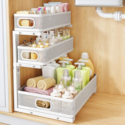Under Sink Organizer, 3-Tier Thickened Metal Pull out Cabinet Organizer Shelf, Height Adjustable Slide out Storage Drawer Rack for Kitchen Bathroom Pantry Laundry Home Organization, 1-Pack, White | 35% Extra Storage Capacity, Carbon Steel, Hold Up 55lbs,