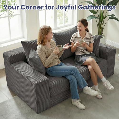 3-in-1 Convertible Sofa Bed: Boneless Loveseat Sleeper & Folding Couch Bed with 4 Pillows & Detachable Cushion for Bedroom, Small Space, Guest and Living Room, Corduroy Futon, No Assembly,Grey