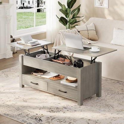 Multifunctional Lift Top Coffee Table, Convertible Wooden Coffee Table with 2 Drawers & Hidden Compartment, Storage Center Table for Living Room Home Office,Grey - color: Grey