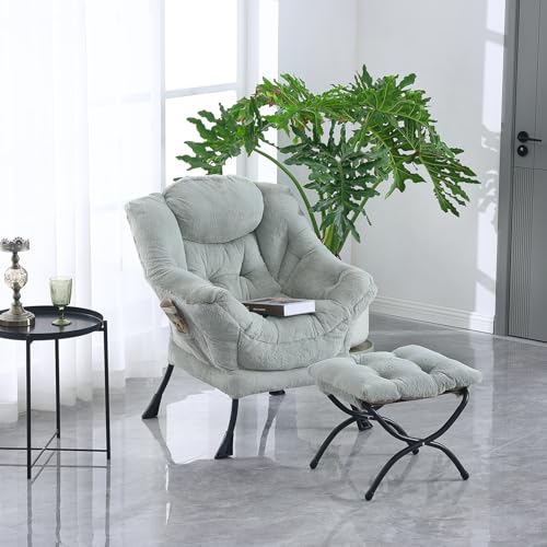 Lazy Chair with Ottoman, Comfy Reading Accent Chair, Plush Green | Foldable Footrest, Padded Seat and Backrest, Side Pocket for Lounging in Living Rooms, Bedrooms, Dorms and Small Spaces - color: Plush-green