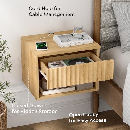 Fluted TV Stands Set of 4, Modern Small Floating Nightstand with Drawer and Open Storage Shelf Night Stand Wall Mounted Bedside Tables Natural Oak - color: Natural Oak, size: 4 PCS