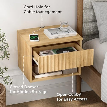 Fluted TV Stands Set of 4, Modern Small Floating Nightstand with Drawer and Open Storage Shelf Night Stand Wall Mounted Bedside Tables Natural Oak - color: Natural Oak, size: 4 PCS