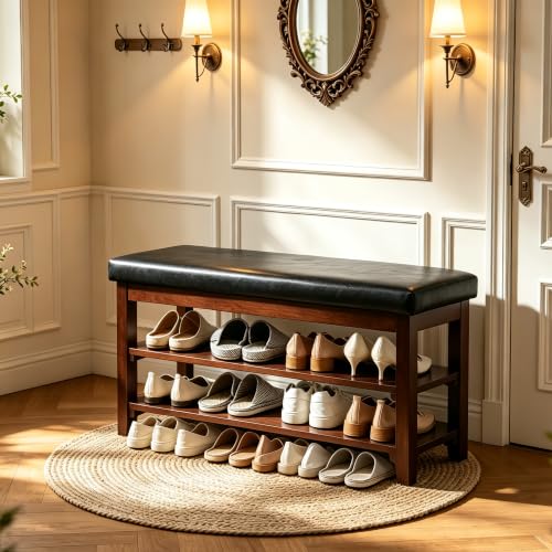40" Entryway Bench, Shoe Storage Bench, Black | Leather Cushion, Shoe Rack, End of Bed Bench for Front Door Entrance, Mudroom - color: Black