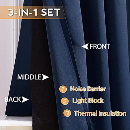 RYB HOME Noise Reducing Curtains, 3 Layers Total Blackout Curtains | Thermal Insulated, Energy Efficiency Heavy Duty, Grommet, For Kids Room Studio Bedroom, W52 x L63, Navy Blue, 2 Panels - color: Navy Blue, size: 52"W x 63"L (Pack of 2)