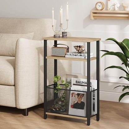 MMEOLUOOK Narrow Side Table with Storage Basket Skinny End Tables for Smalls Spaces 3 Tier Sofa Table Small Nightstand Slim Bedside Table for Living Room Bedroom Greige MLBZ22GR - color: Greige