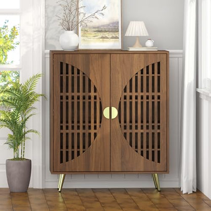 5-Tier Walnut Shoe Storage Cabinet with 2 Slatted Doors, Shoe Cupboard with Adjustable Shelves, Wooden Shoe Rack Organizer for Entryway, Hallway, Closet, Living Room - size: 13.78"D x 31.49"W x 32.67"H