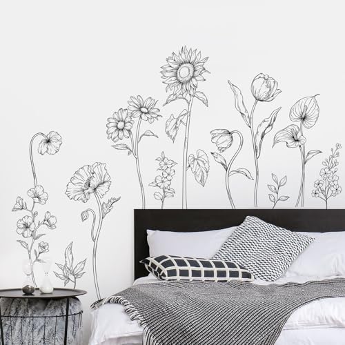 Large Black and White Flower Wall Decals, 3 Sheets Simple Modern Minimalist Sunflower Tulip Wall Stickers Floral Art Decor for Girls Bedroom Home Room Office Adult Gifts for Mom(11.8x35.4 in/Sheet) - style: Large Sunflower Set