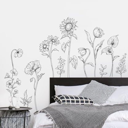 Large Black and White Flower Wall Decals, 3 Sheets Simple Modern Minimalist Sunflower Tulip Wall Stickers Floral Art Decor for Girls Bedroom Home Room Office Adult Gifts for Mom(11.8x35.4 in/Sheet) - style: Large Sunflower Set