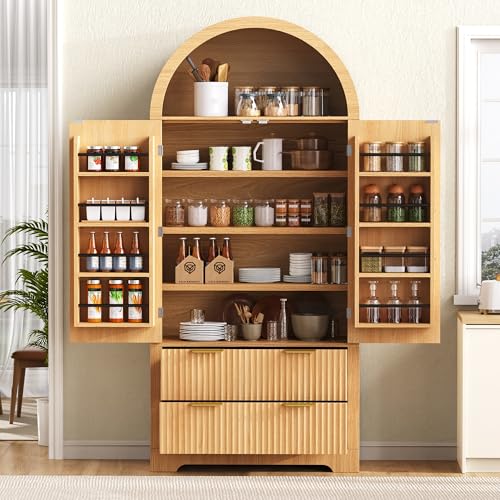 LUMISOL 72" Tall Fluted Pantry Cabinet, Wooden Freestanding Storage Cabinet with Drawers and 8 Adjustable Door Shelves, Mid Century Modern Kitchen Cupboard Organizer for Living Room, Natural - color: Natural, size: 15.75"D x 31.5"W x 72.05"H