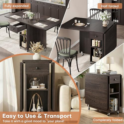 Jocoevol Space Saving Folding Dining Table for 4, Foldable Dining Table with Drawer and Storage Shelf, 6 Wheels Drop Leaf Kitchen Dining Room Table for Small Space (Walnut, 47.2" x 23.6" x 29.9") - color: Black Walnut