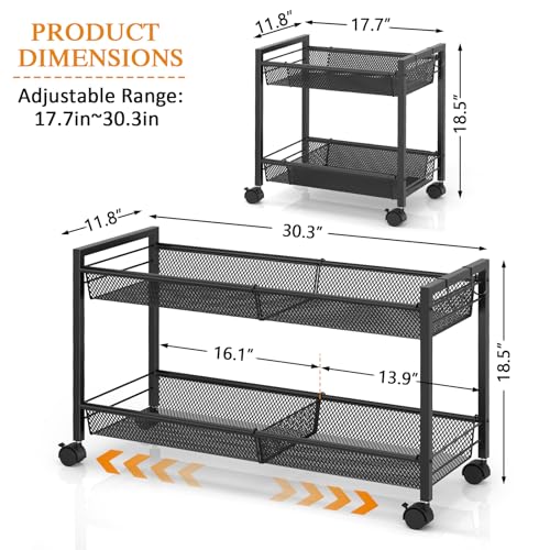 3IngSeagulls 2-Tier Expandable Rolling Pantry Floor Organizer, Stackable Pantry Storage Cart with Wheels, Kitchen Fruit and Vegetable Storage Rack for Onion, Potato, Food, Snacks