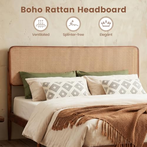 GIANTEX Rattan Queen Bed Frame, Boho Wood Platform Bed with Wicker Headboard, Wooden Mattress Foundation & Support Slats, Under-Bed Storage, Queen Size Bedframe for Adults, No Box Spring Needed - size: Queen
