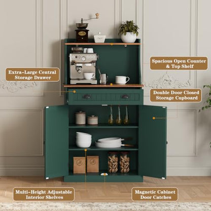 ARTPOWER 54" Kitchen Microwave Cabinet/Stand with Storage and Drawers, Green Pantry Storage Cabinet with Hutch & Adjustable Shelves for Kitchen, Dining Room, Living Room, Hallway - color: Green