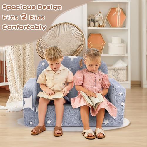 Foryoomi Extra Wide Kids Couch, 2-in-1 Soft Couch with Blanket, Glow in The Dark, Comfy Chair with Cloud Pillow, Convertible Sofa, Star - color: Grey Star