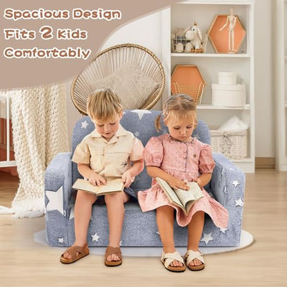 Foryoomi Extra Wide Kids Couch, 2-in-1 Soft Couch with Blanket, Glow in The Dark, Comfy Chair with Cloud Pillow, Convertible Sofa, Star - color: Grey Star