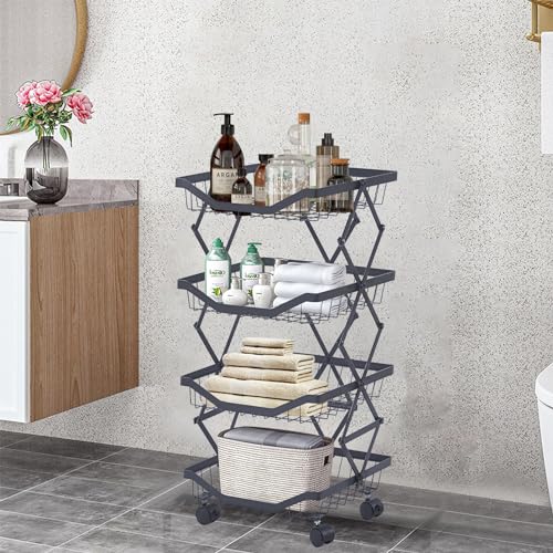 4 Tier Fruit Basket for Kitchen Stackable Metal Wire Fruit Vegetable Basket with Wheels Narrow Corner Rolling Utility Cart for Kitchen, Pantry, Bathrooms, Garage