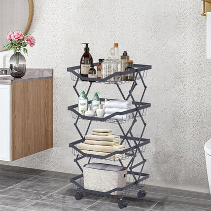 4 Tier Fruit Basket for Kitchen Stackable Metal Wire Fruit Vegetable Basket with Wheels Narrow Corner Rolling Utility Cart for Kitchen, Pantry, Bathrooms, Garage