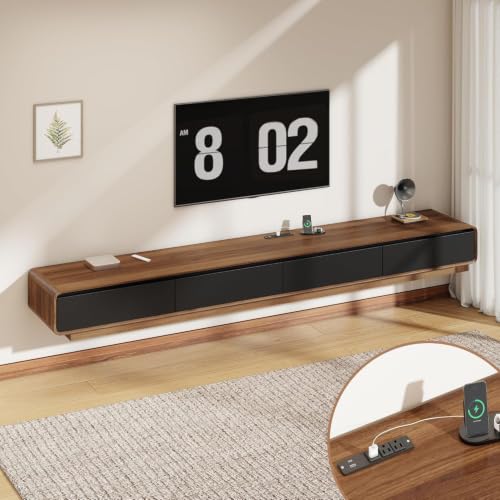 102.4'' Minimalist Floating TV Stand with Power Outlet, Modern Wall-Mounted Entertainment Center for TVs up to 100 Inches, Media Console with Rounded-Corner Design, Walnut and Black - color: Walnut and Black