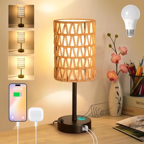 Rattan Table Lamps for Living Room, 3 Way Dimmable Touch Lamps, Small Bedside Lamps with LED Bulbs, Phone Stand, USB Ports and AC Outlet, Boho Nightstand Lamp for Kids Room, Bedroom, Office (1 Pack) - size: 1 Pack Rattan