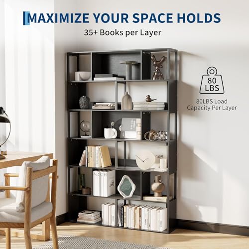 IDEALHOUSE 6-Tier Bookshelf, Tall Geometric Bookcase, Modern Room Divider & Display Shelf with Anti-Tipping Devices, Mid Century Bookshelf for Living Room - color: Black