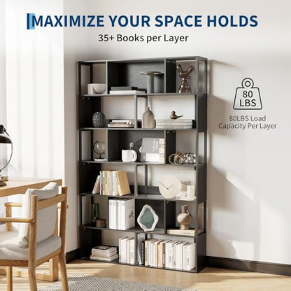 IDEALHOUSE 6-Tier Bookshelf, Tall Geometric Bookcase, Modern Room Divider & Display Shelf with Anti-Tipping Devices, Mid Century Bookshelf for Living Room - color: Black