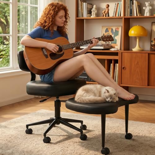 DUMOS ADHD Meditation Chair, Cross Legged Home Office Desk Chair | PU Leather Ergonomic Adjustable Height Backrest, 360° Swivel Footstool, Yoga Stool, Black - color: Black