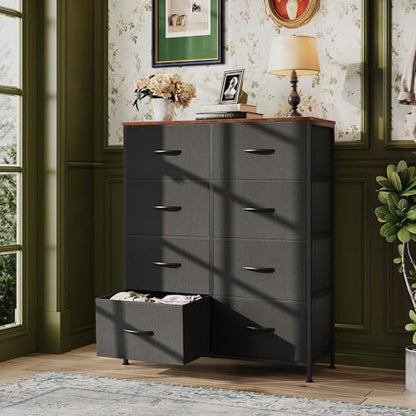 WLIVE Tall Fabric Dresser with 8 Drawers, Storage Tower with Fabric Bins, Double Dressers, Chest of Drawers for Closet, Bedroom, Living Room, Hallway, Dorm, Black and Rustic Brown | Black tall 8-drawer fabric dresser with bins, sleek modern tower for bedr