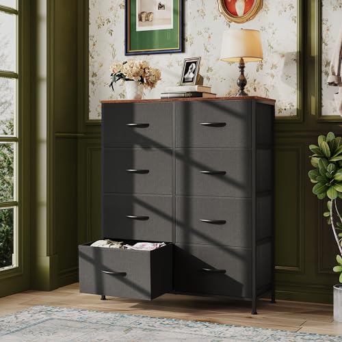 WLIVE Tall Fabric Dresser with 8 Drawers, Storage Tower with Fabric Bins, Double Dressers, Chest of Drawers for Closet, Bedroom, Living Room, Hallway, Dorm, Black and Rustic Brown | Black tall 8-drawer fabric dresser with bins, sleek modern tower for bedr
